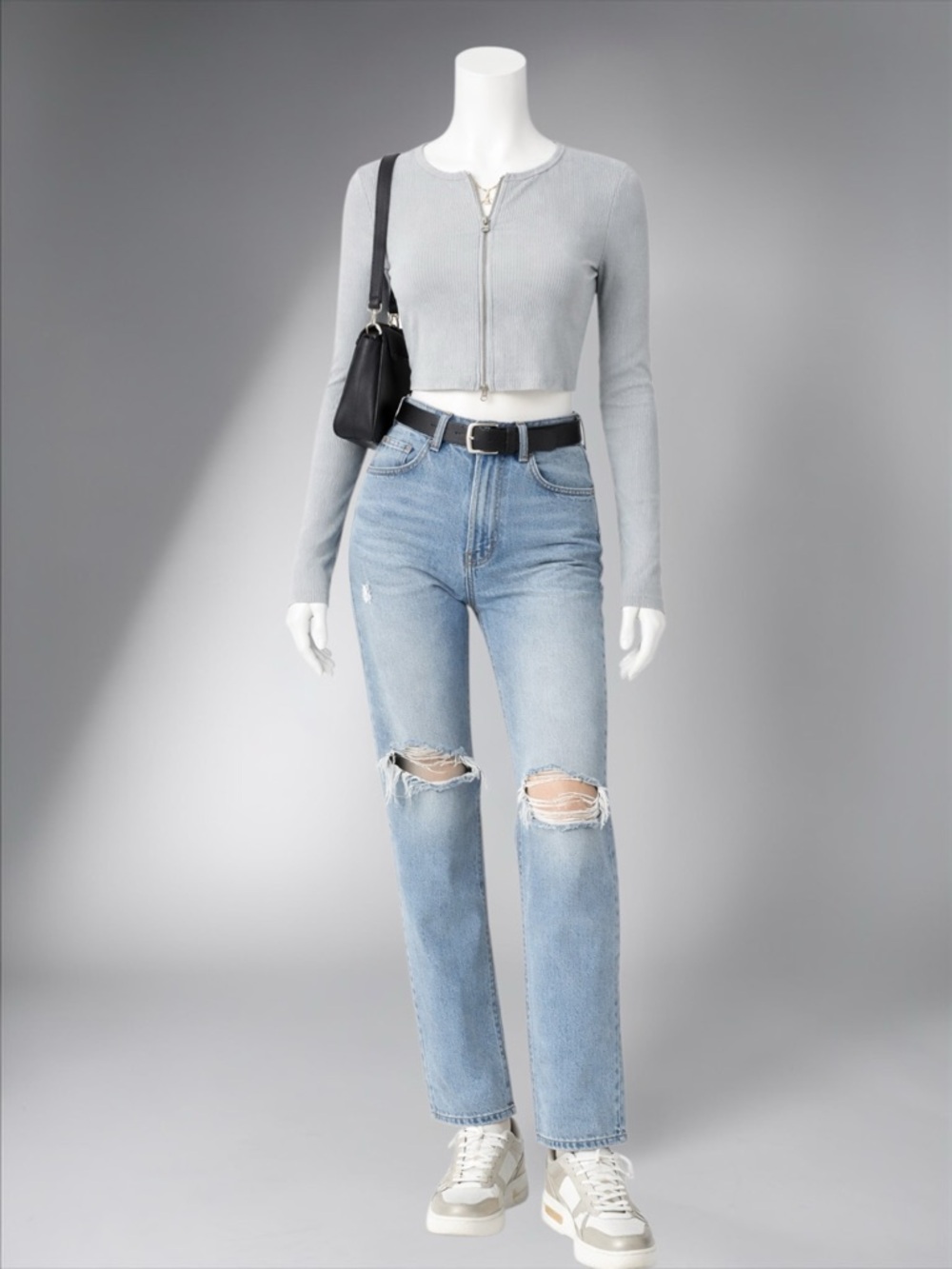 Cropped Ribbed Zip-front Top in Light Gray - Picture 3 of 14